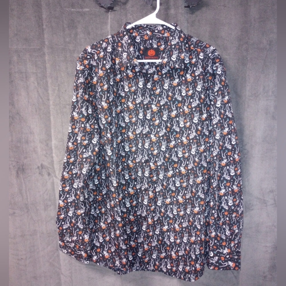 Simon Banks Skater Skeleton Halloween Button Down Shirt Size XL EUC P2P 25